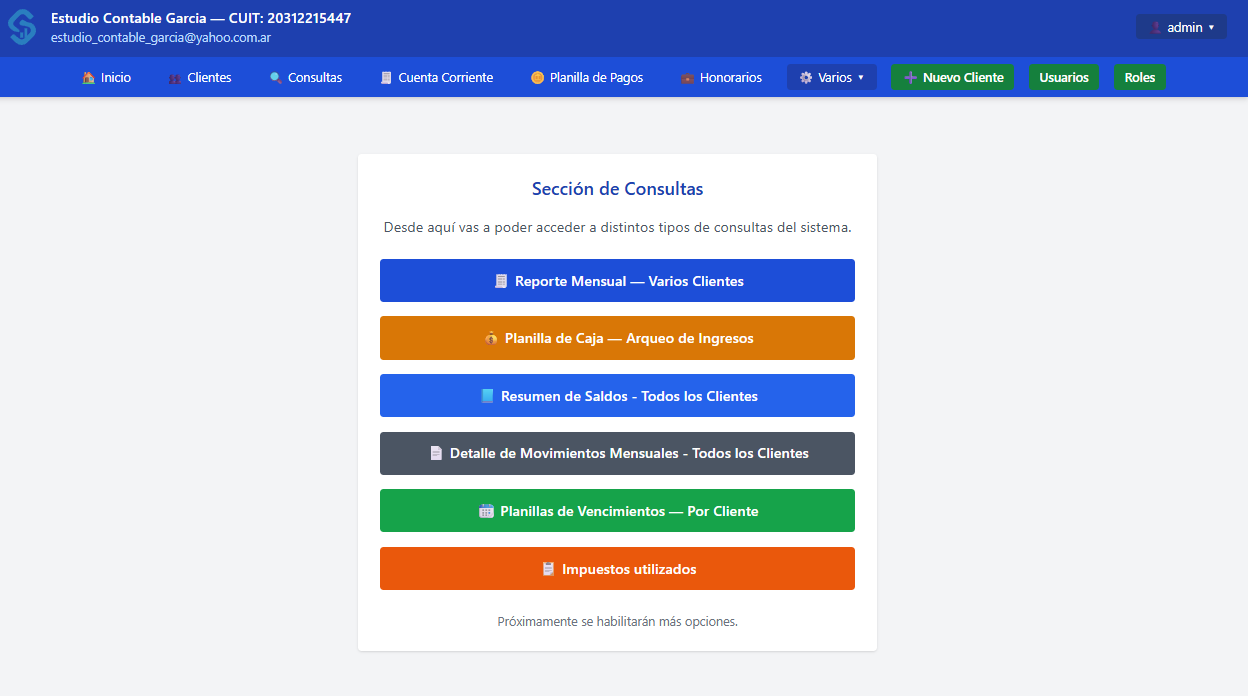 Sección de consultas del sistema