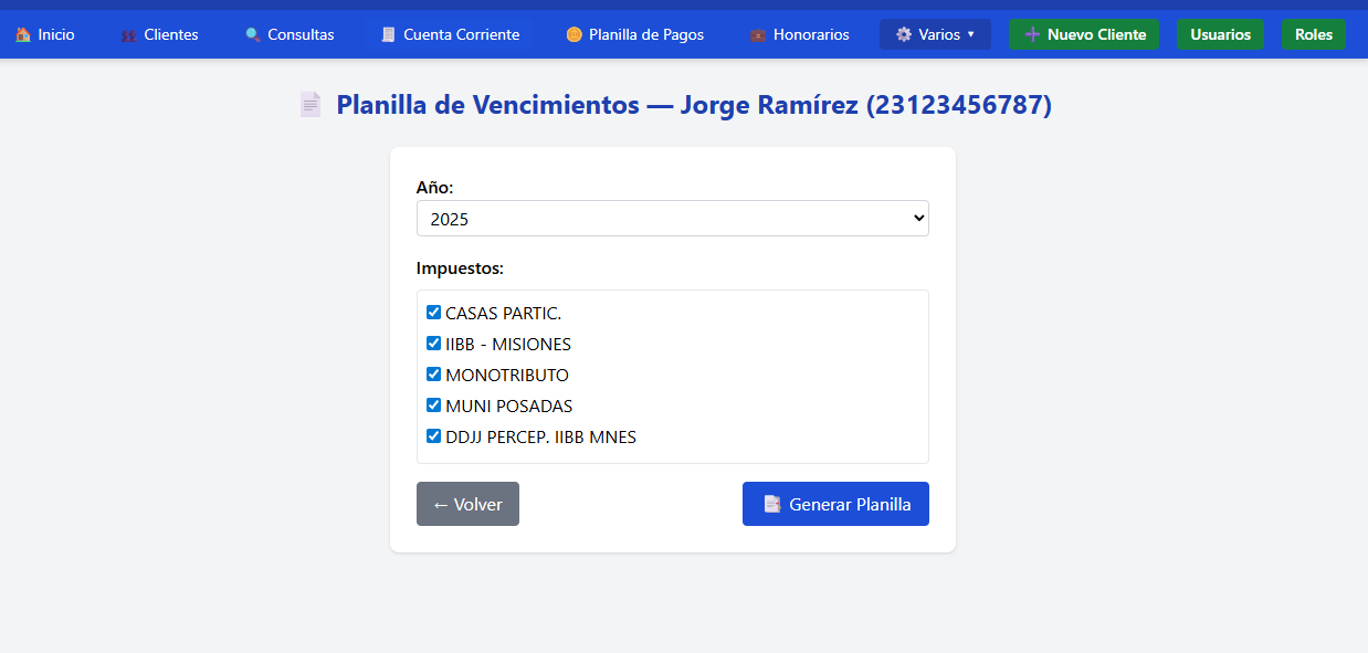 Pantalla de configuración de planilla de vencimientos